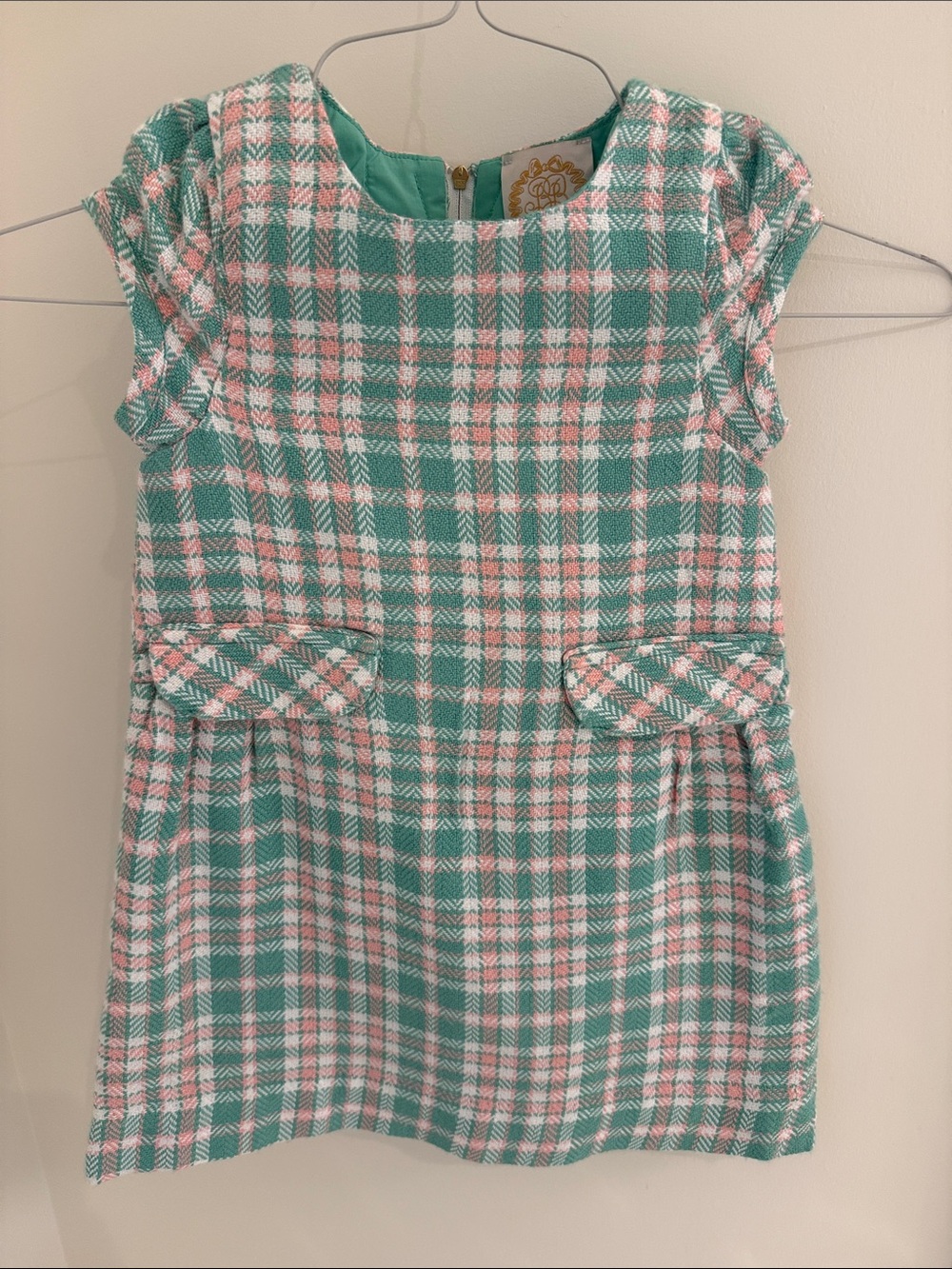 Beaufort Bonnet Girls Plaid Tweed A-Line Dress in Mint and Pink